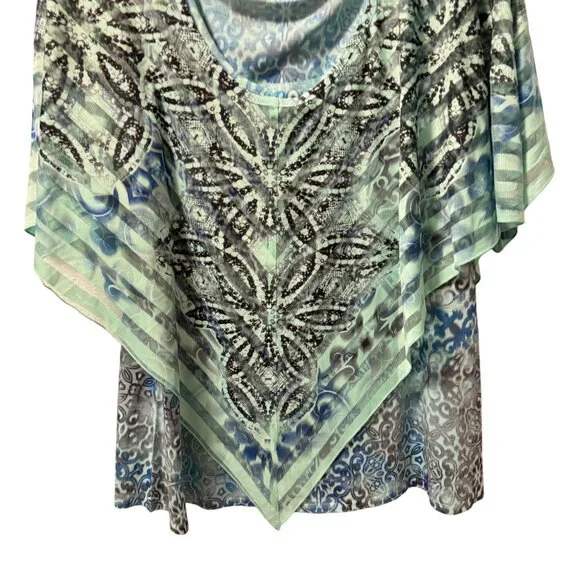 One World blouse Sz 2X Blue & Green Printed Top with overlay part blouse. NWT - Picture 4 of 11